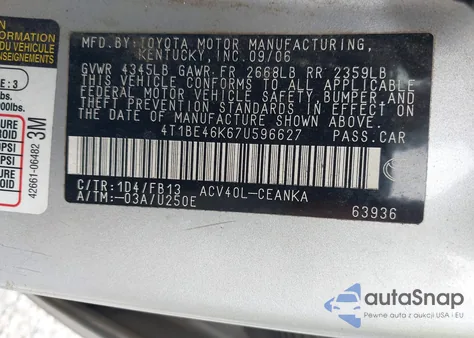 2007 Toyota Camry Le z USA, uszkodzony, nr VIN 4T1BE46K67U596627